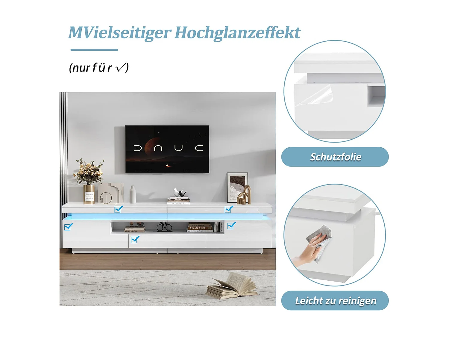 Wohnzimmer TV-Ständer mit 2 L-förmigen Schränken+Schublade,Hochglanz-Wohnzimmerschrank mit LED,Lowboard mit halboffenem Stauraum,Stand-TV-Schrank