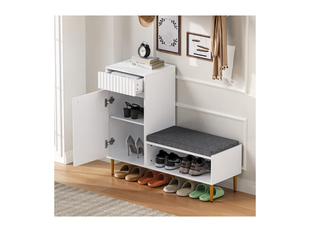 Schuhschrank mit Sitzbank, Schuhregal mit 1 Tür,Sitzhocker 1 offenen Ablagefächern, gepolstert 100*35*82.2cm (B×H×T)