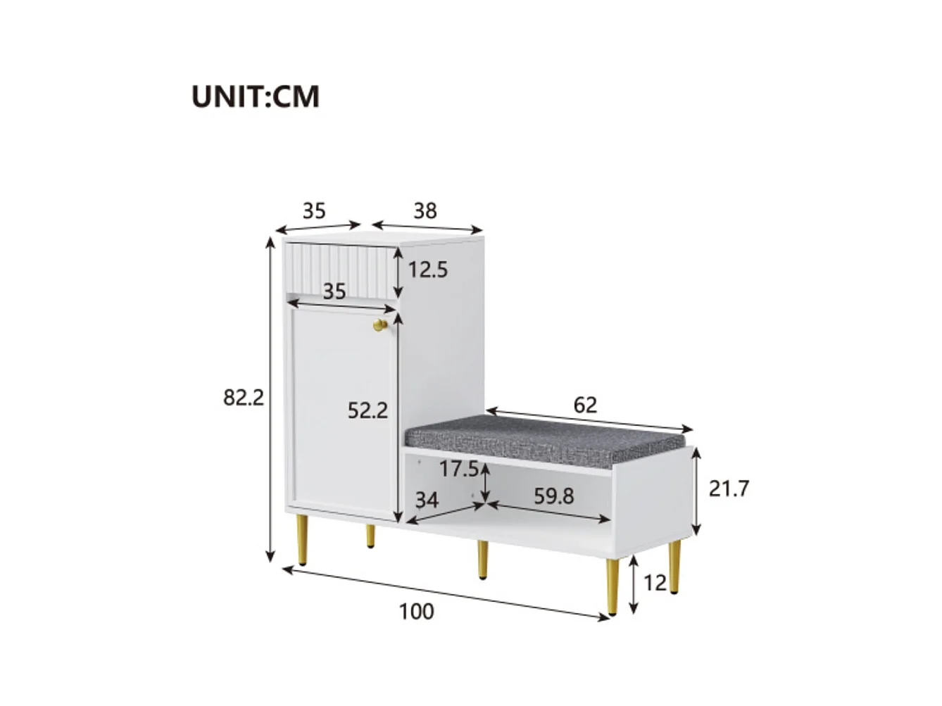 Schuhschrank mit Sitzbank, Schuhregal mit 1 Tür,Sitzhocker 1 offenen Ablagefächern, gepolstert 100*35*82.2cm (B×H×T)