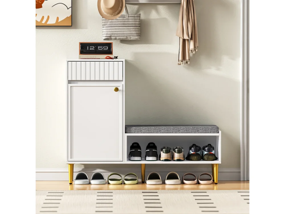 Schuhschrank mit Sitzbank, Schuhregal mit 1 Tür,Sitzhocker 1 offenen Ablagefächern, gepolstert 100*35*82.2cm (B×H×T)