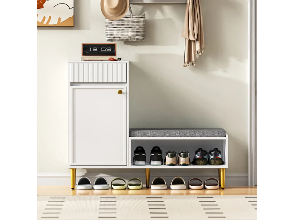 Schuhschrank mit Sitzbank, Schuhregal mit 1 Tür,Sitzhocker 1 offenen Ablagefächern, gepolstert 100*35*82.2cm (B×H×T)