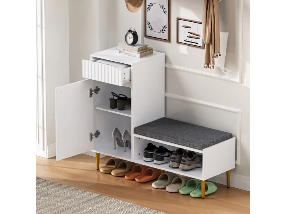 Schuhschrank mit Sitzbank, Schuhregal mit 1 Tür,Sitzhocker 1 offenen Ablagefächern, gepolstert 100*35*82.2cm (B×H×T)