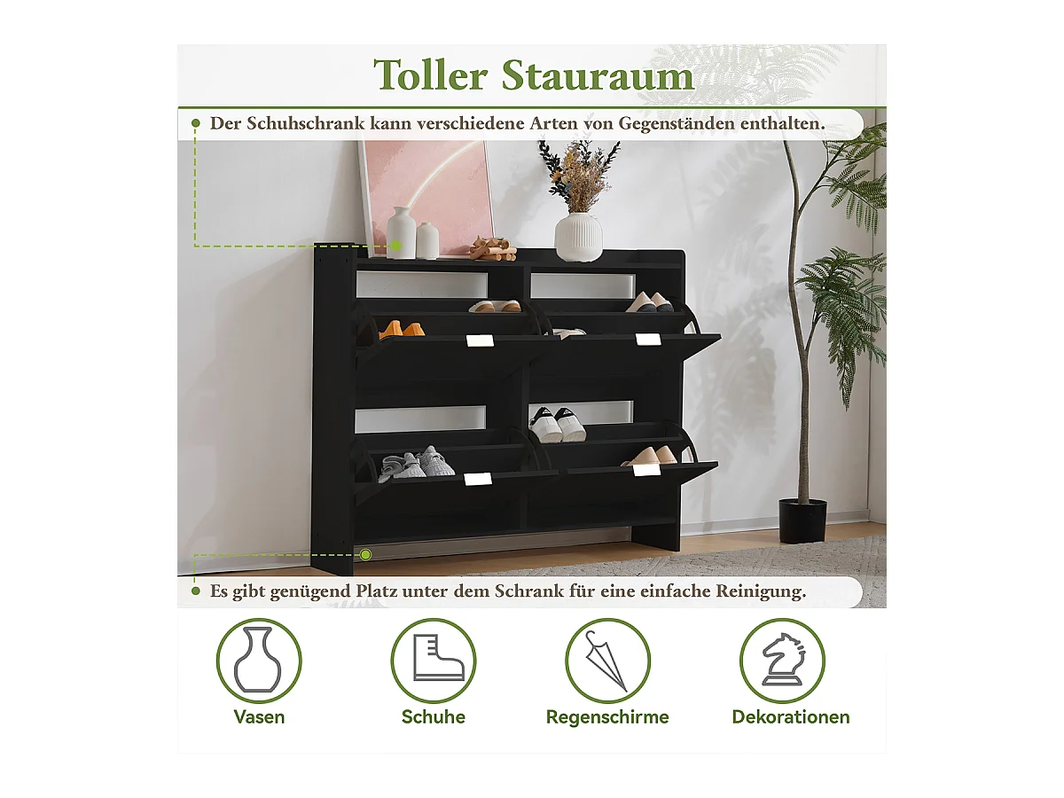 Schuhschrank mit 4 Klappenfächern und Freistehendem Schuhregal Schuhschränke B110/H90/T24 cm Schwarz