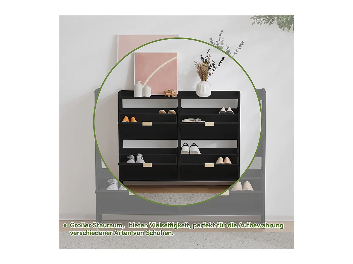 Schuhschrank mit 4 Klappenfächern und Freistehendem Schuhregal Schuhschränke B110/H90/T24 cm Schwarz