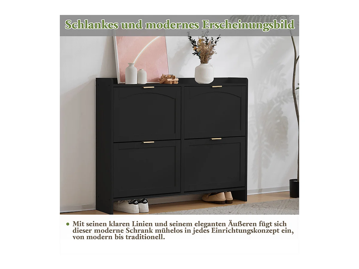 Schuhschrank mit 4 Klappenfächern und Freistehendem Schuhregal Schuhschränke B110/H90/T24 cm Schwarz