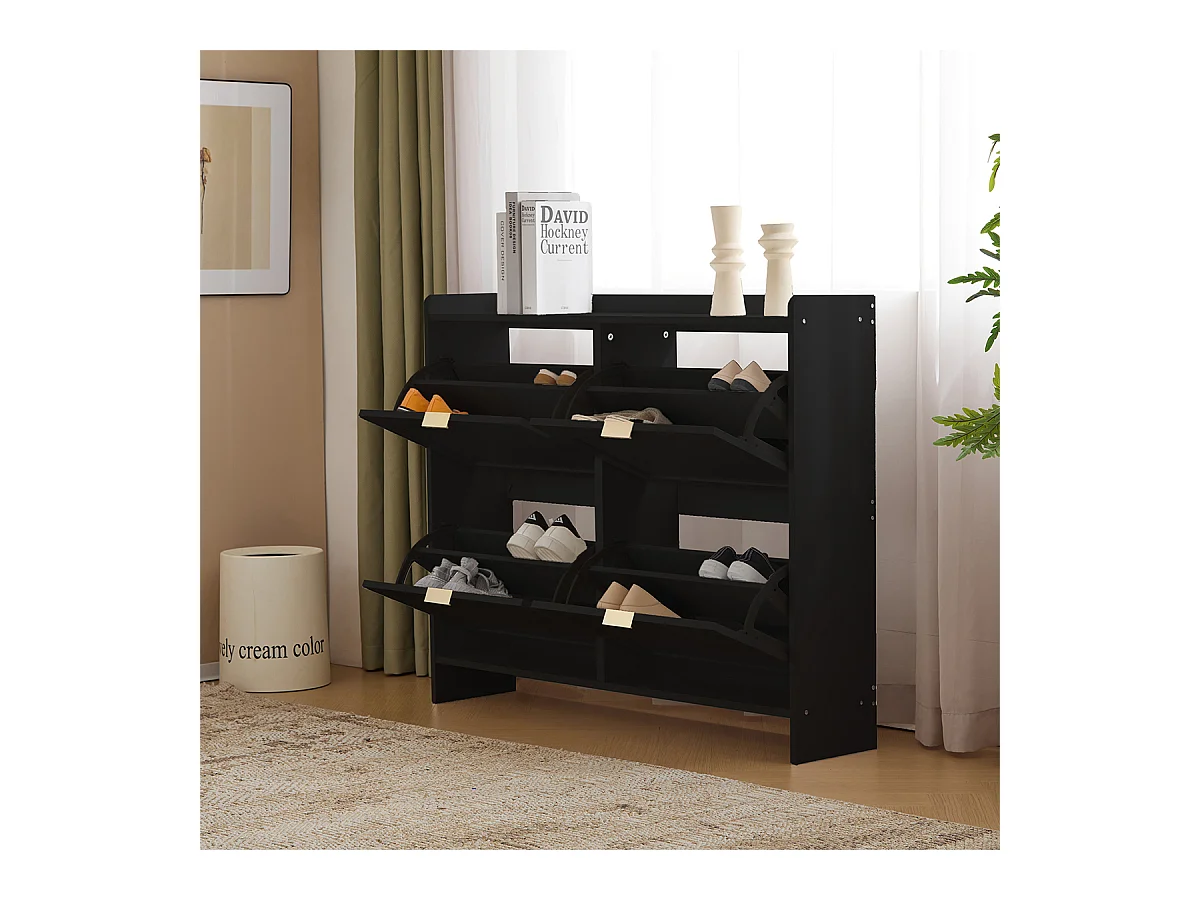 Schuhschrank mit 4 Klappenfächern und Freistehendem Schuhregal Schuhschränke B110/H90/T24 cm Schwarz