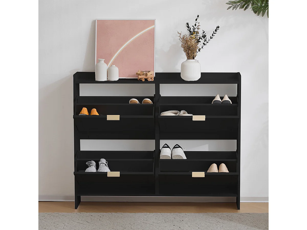 Schuhschrank mit 4 Klappenfächern und Freistehendem Schuhregal Schuhschränke B110/H90/T24 cm Schwarz