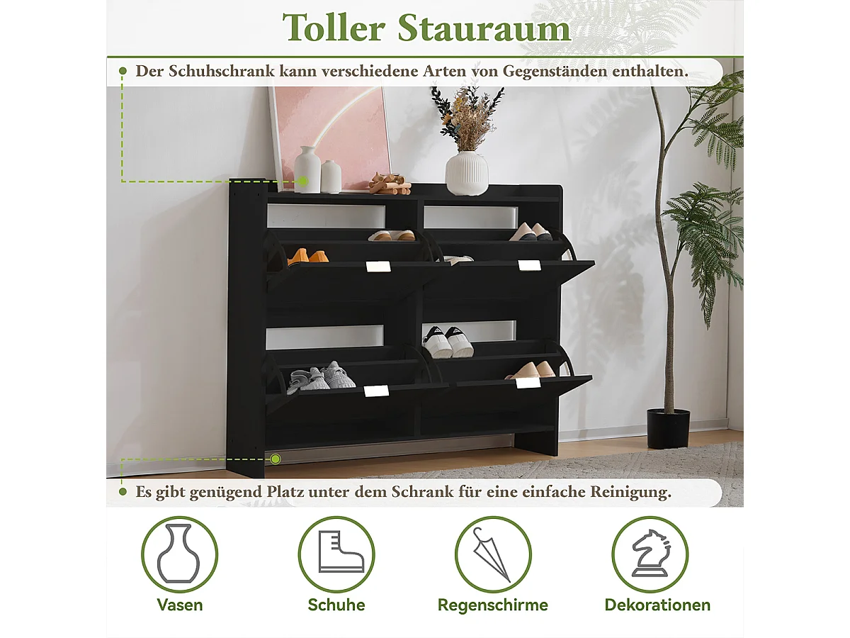 Schuhschrank mit 4 Klappenfächern und Freistehendem Schuhregal Schuhschränke B110/H90/T24 cm Schwarz