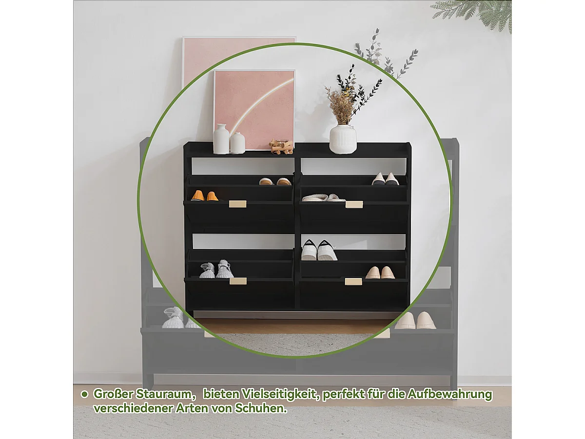 Schuhschrank mit 4 Klappenfächern und Freistehendem Schuhregal Schuhschränke B110/H90/T24 cm Schwarz