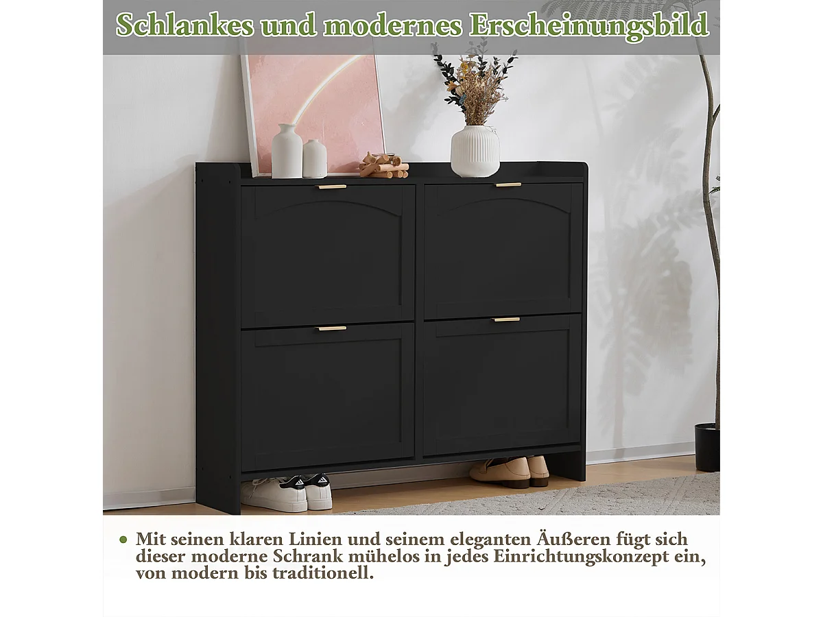 Schuhschrank mit 4 Klappenfächern und Freistehendem Schuhregal Schuhschränke B110/H90/T24 cm Schwarz