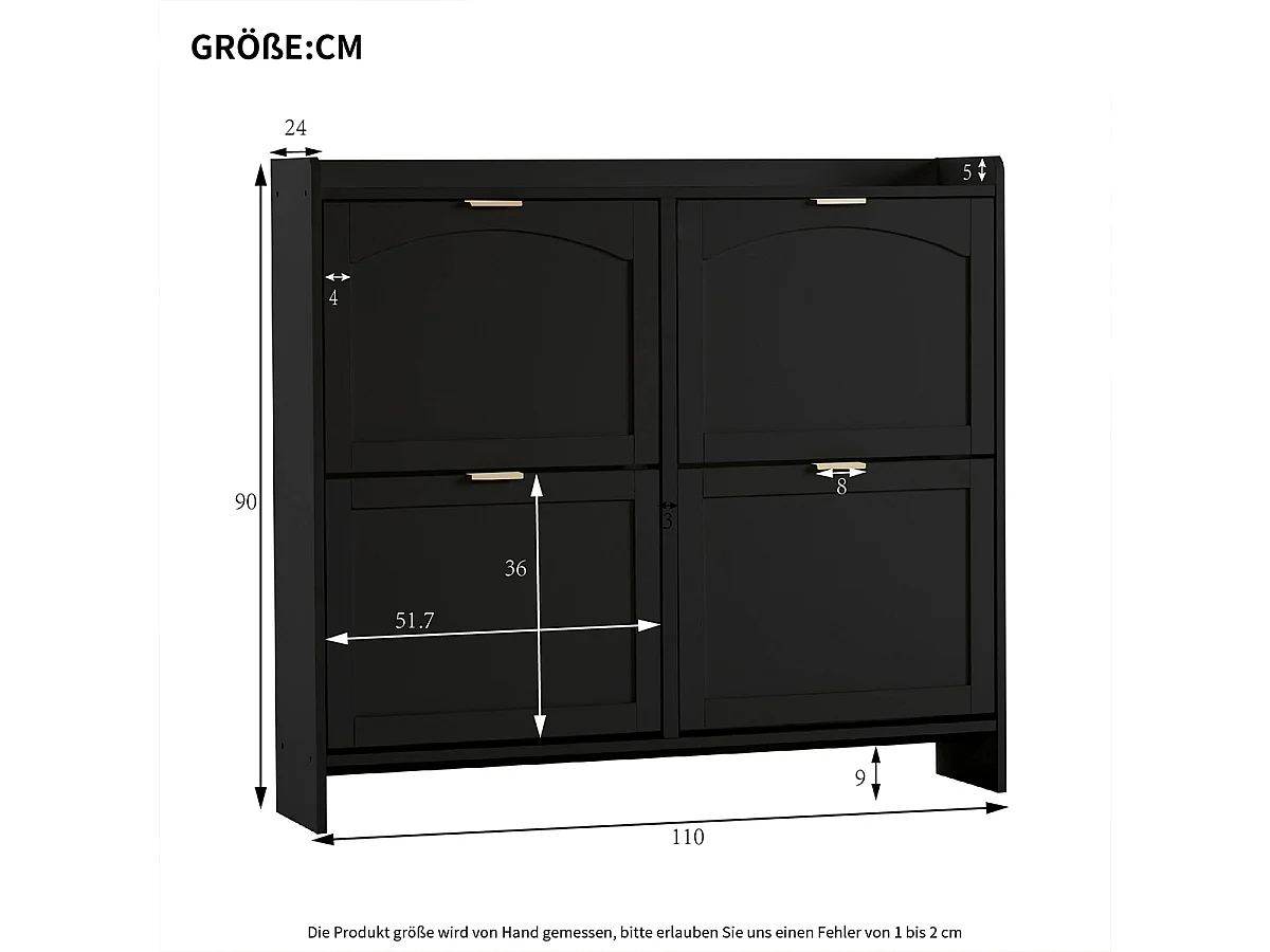 Schuhschrank mit 4 Klappenfächern und Freistehendem Schuhregal Schuhschränke B110/H90/T24 cm Schwarz