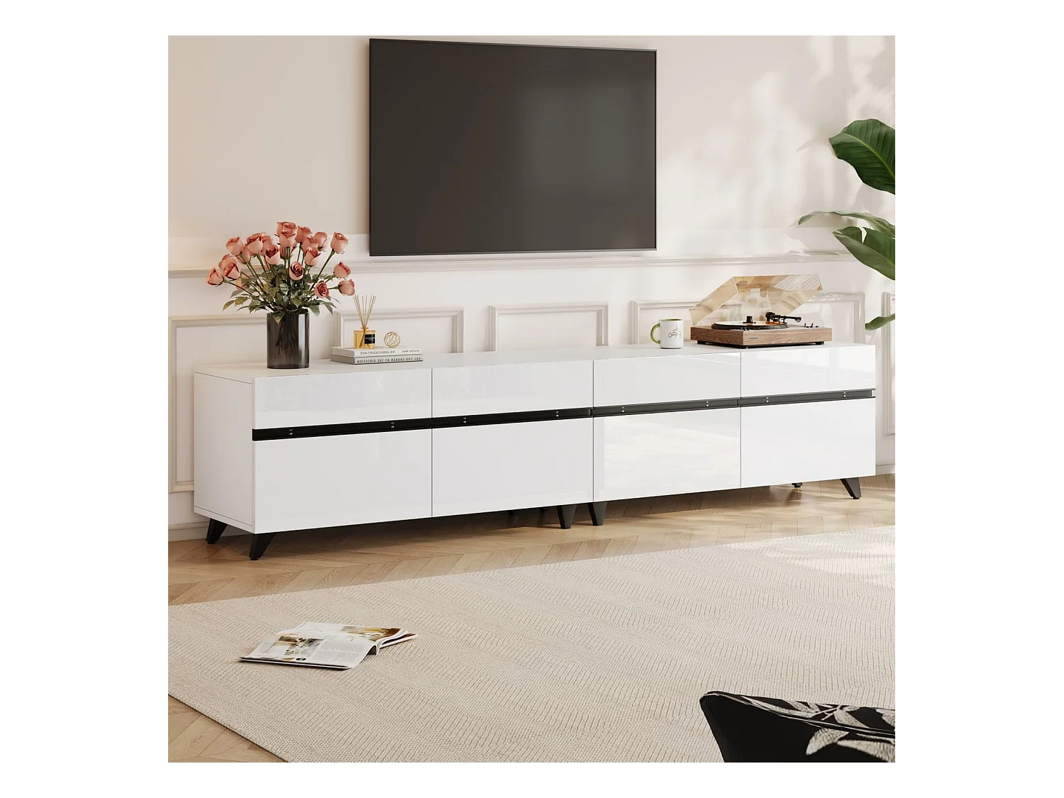 Fernsehschrank,Hochglanz-TV-Schrank, Lowboard mit 4 Schränken und verstellbaren Trennwänden,Wohnzimmerschrank mit 8 Tischbeinen,Tragkraft bis 52kg