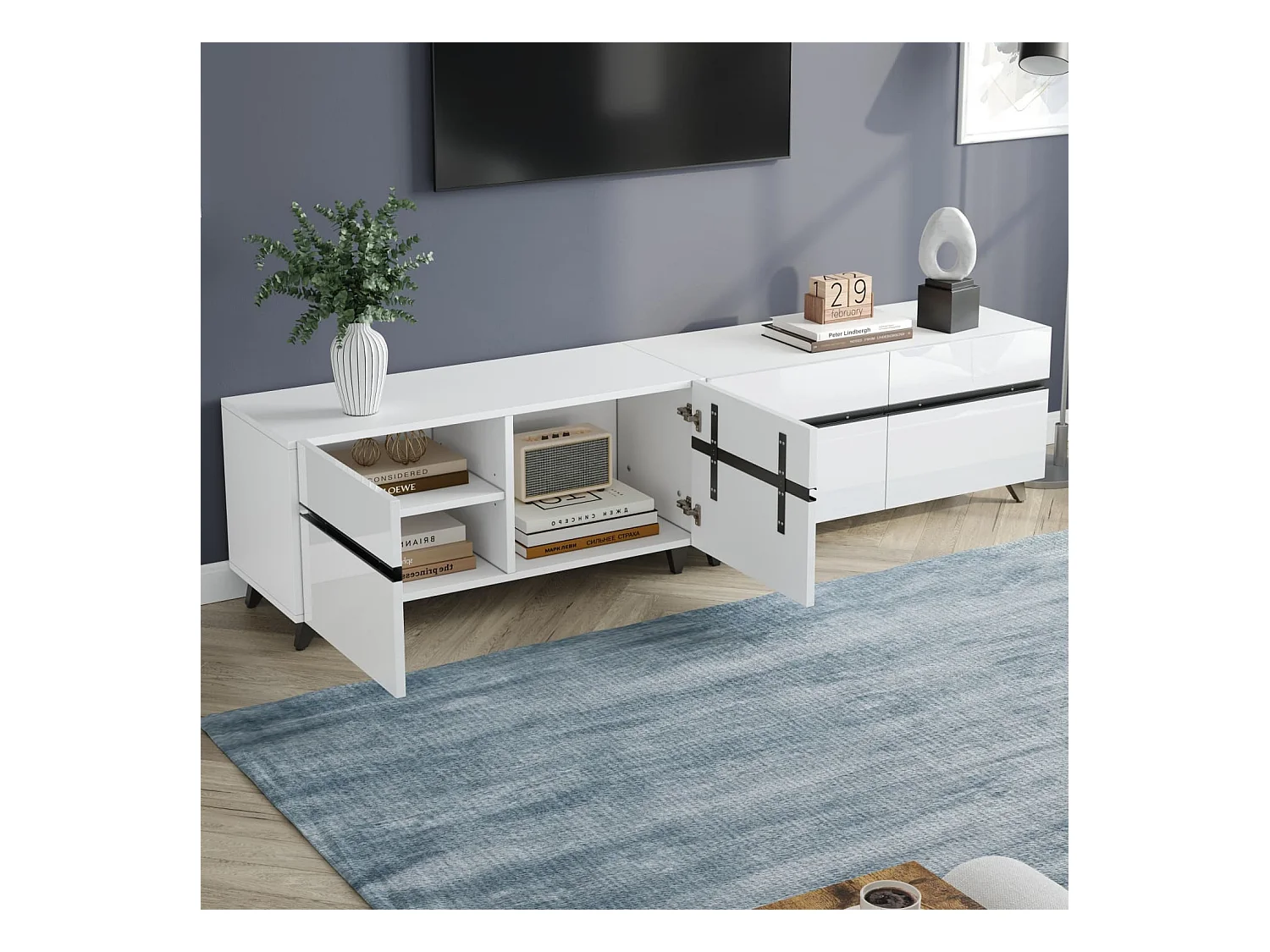 Fernsehschrank,Hochglanz-TV-Schrank, Lowboard mit 4 Schränken und verstellbaren Trennwänden,Wohnzimmerschrank mit 8 Tischbeinen,Tragkraft bis 52kg