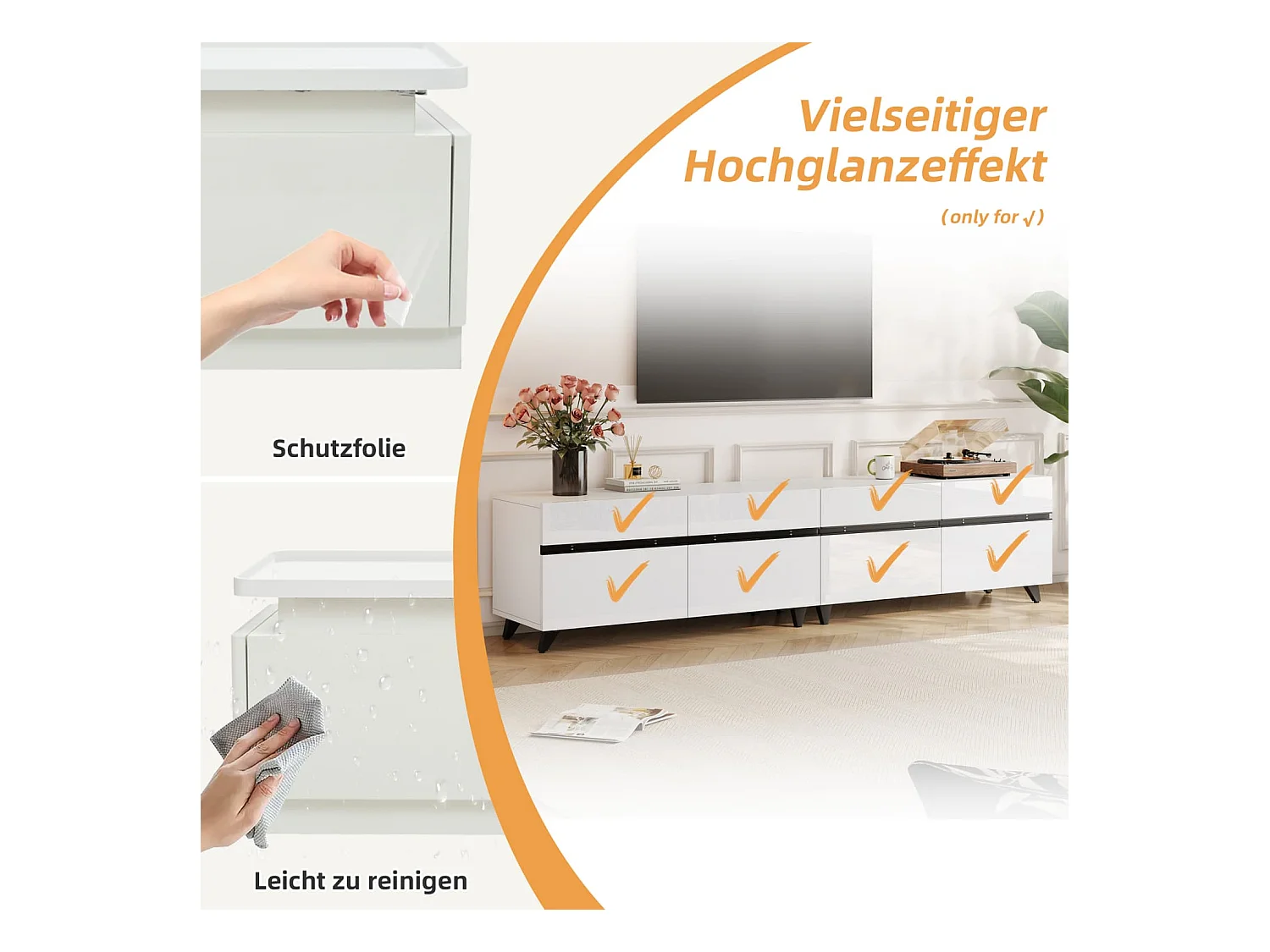 Fernsehschrank,Hochglanz-TV-Schrank, Lowboard mit 4 Schränken und verstellbaren Trennwänden,Wohnzimmerschrank mit 8 Tischbeinen,Tragkraft bis 52kg