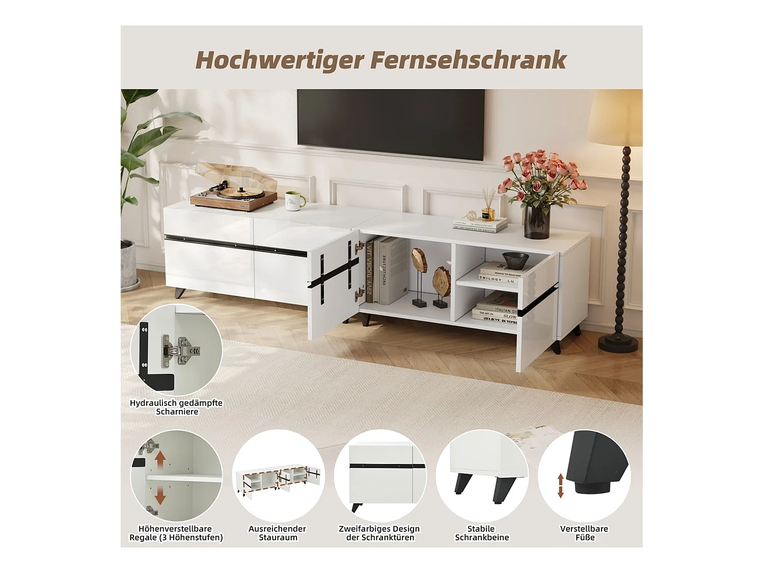 Fernsehschrank,Hochglanz-TV-Schrank, Lowboard mit 4 Schränken und verstellbaren Trennwänden,Wohnzimmerschrank mit 8 Tischbeinen,Tragkraft bis 52kg