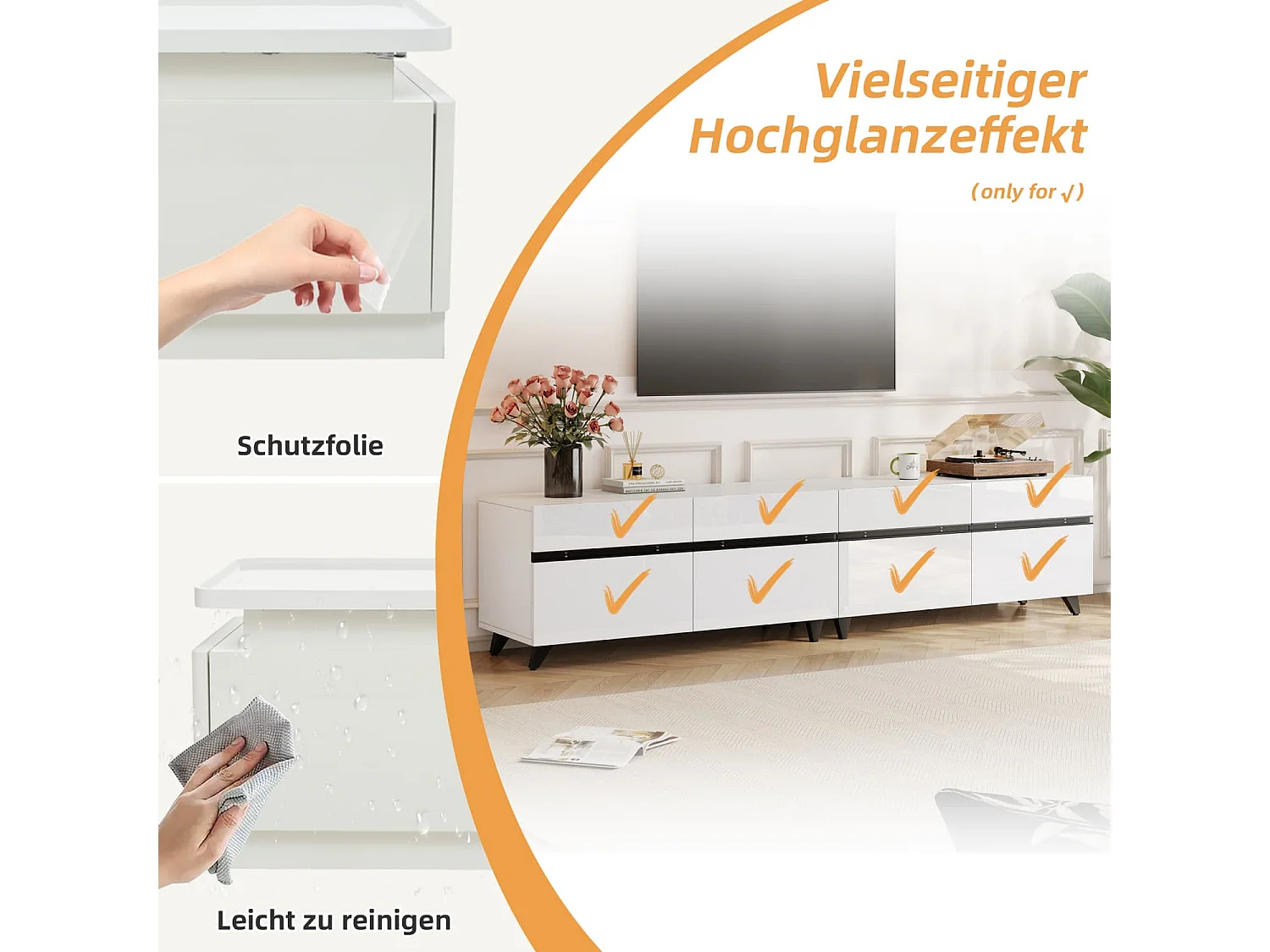 Fernsehschrank,Hochglanz-TV-Schrank, Lowboard mit 4 Schränken und verstellbaren Trennwänden,Wohnzimmerschrank mit 8 Tischbeinen,Tragkraft bis 52kg