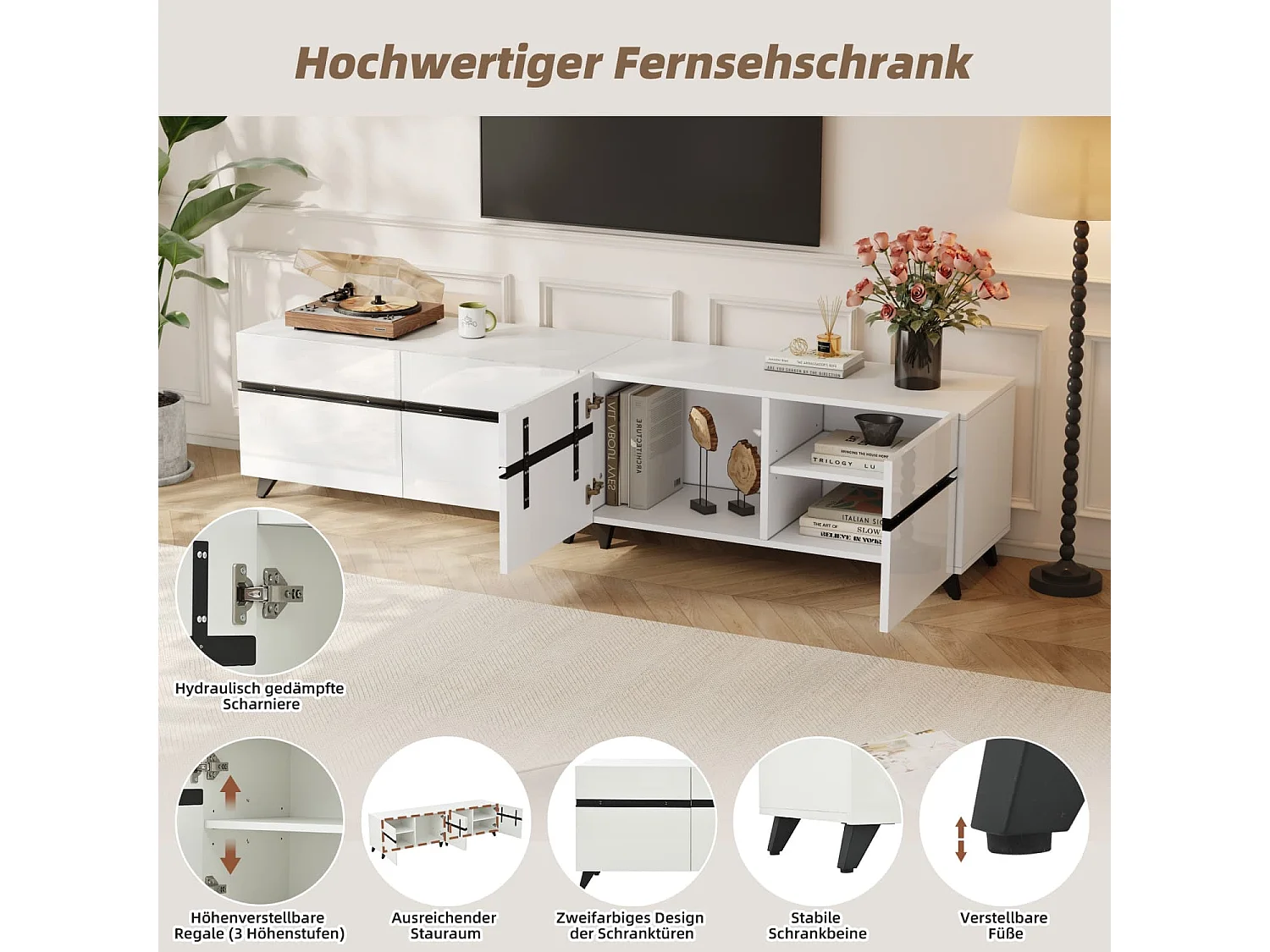 Fernsehschrank,Hochglanz-TV-Schrank, Lowboard mit 4 Schränken und verstellbaren Trennwänden,Wohnzimmerschrank mit 8 Tischbeinen,Tragkraft bis 52kg