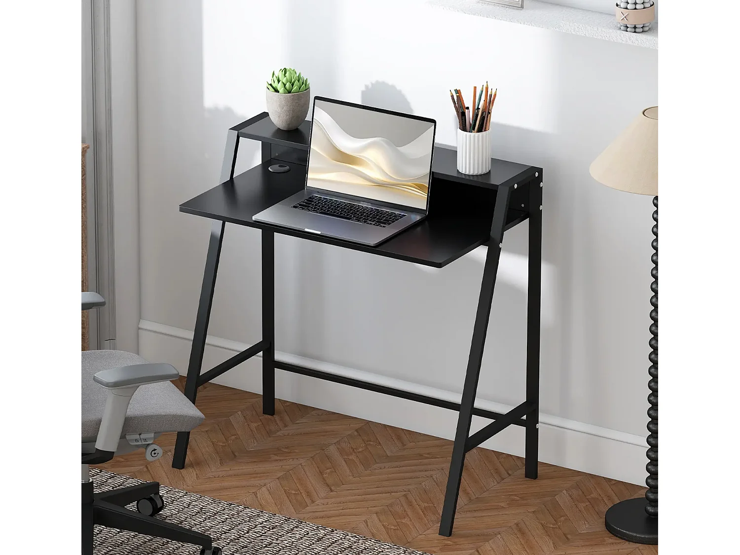 Schreibtisch, Computertisch mit Ablage und Kabel Management, Schreibtisch mit Metallgestell für Arbeitszimmer, Schlafzimmer, Home Office, 84 x 45 x 85 cm