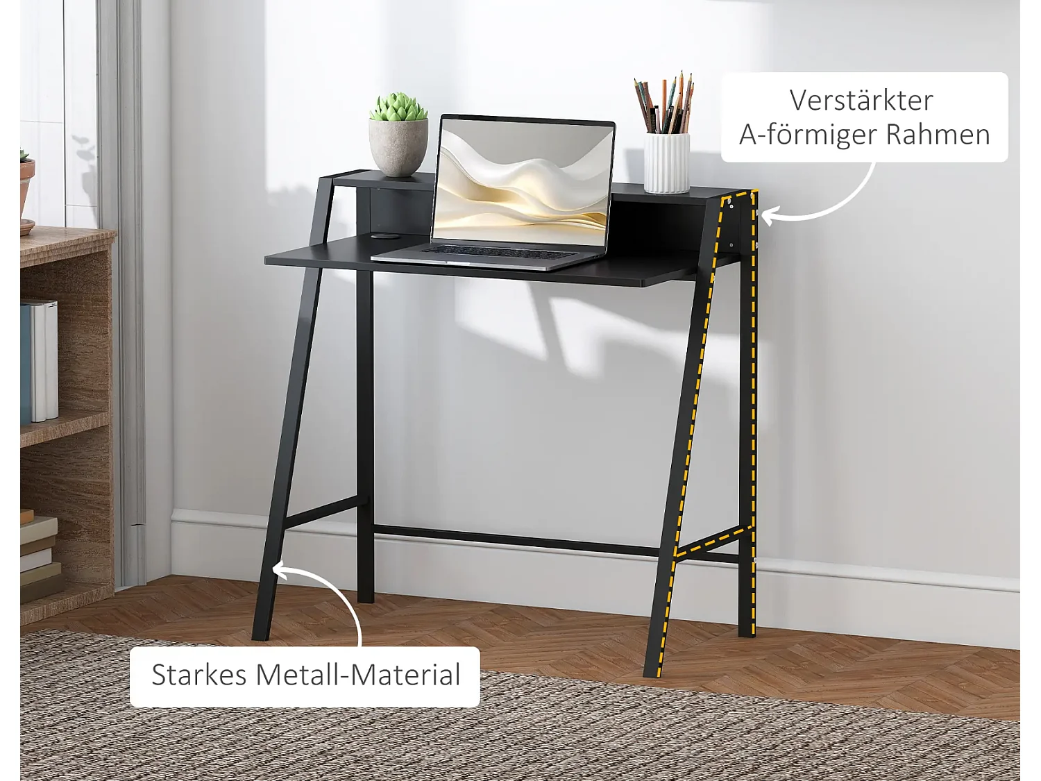 Schreibtisch, Computertisch mit Ablage und Kabel Management, Schreibtisch mit Metallgestell für Arbeitszimmer, Schlafzimmer, Home Office, 84 x 45 x 85 cm