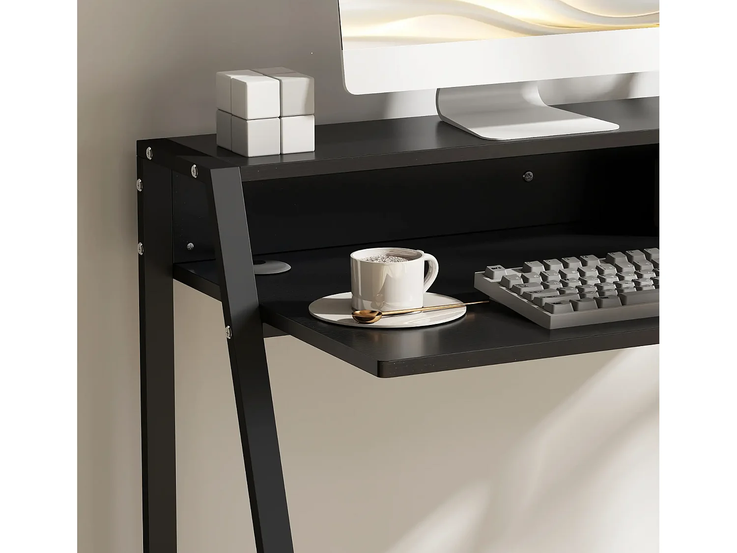 Schreibtisch, Computertisch mit Ablage und Kabel Management, Schreibtisch mit Metallgestell für Arbeitszimmer, Schlafzimmer, Home Office, 84 x 45 x 85 cm