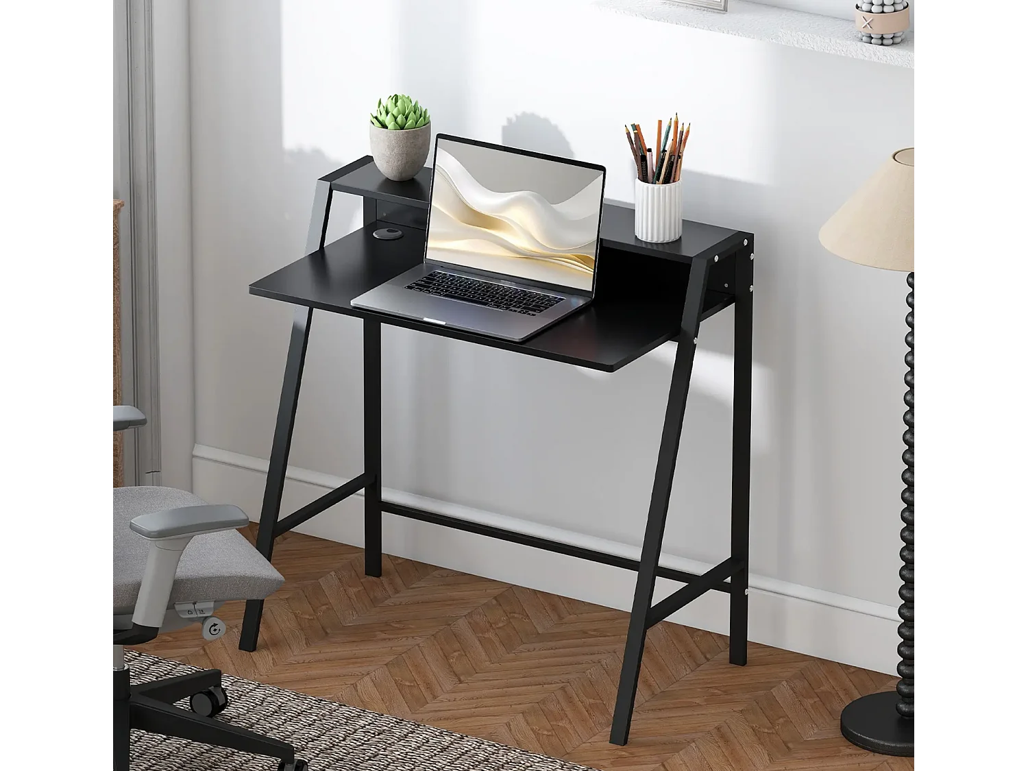 Schreibtisch, Computertisch mit Ablage und Kabel Management, Schreibtisch mit Metallgestell für Arbeitszimmer, Schlafzimmer, Home Office, 84 x 45 x 85 cm