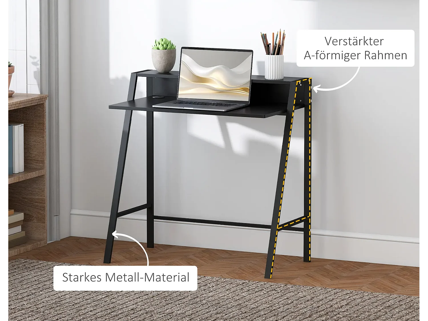 Schreibtisch, Computertisch mit Ablage und Kabel Management, Schreibtisch mit Metallgestell für Arbeitszimmer, Schlafzimmer, Home Office, 84 x 45 x 85 cm