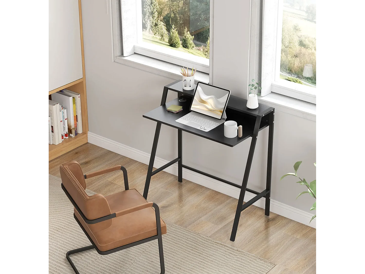 Schreibtisch, Computertisch mit Ablage und Kabel Management, Schreibtisch mit Metallgestell für Arbeitszimmer, Schlafzimmer, Home Office, 84 x 45 x 85 cm