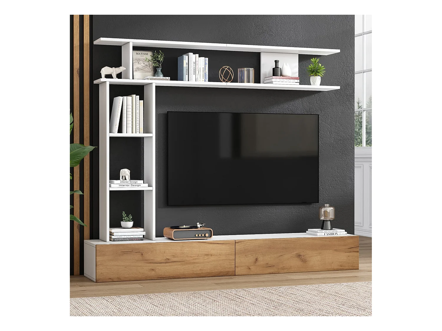 180*35*22.5cm TV Wohnwand-set mit Vitrinen,Mediawand inkl.TV-Board, Standregal und Wandregal,TV Wohnzimmermöbel-Set,TV-Schrank, stehend&hängend