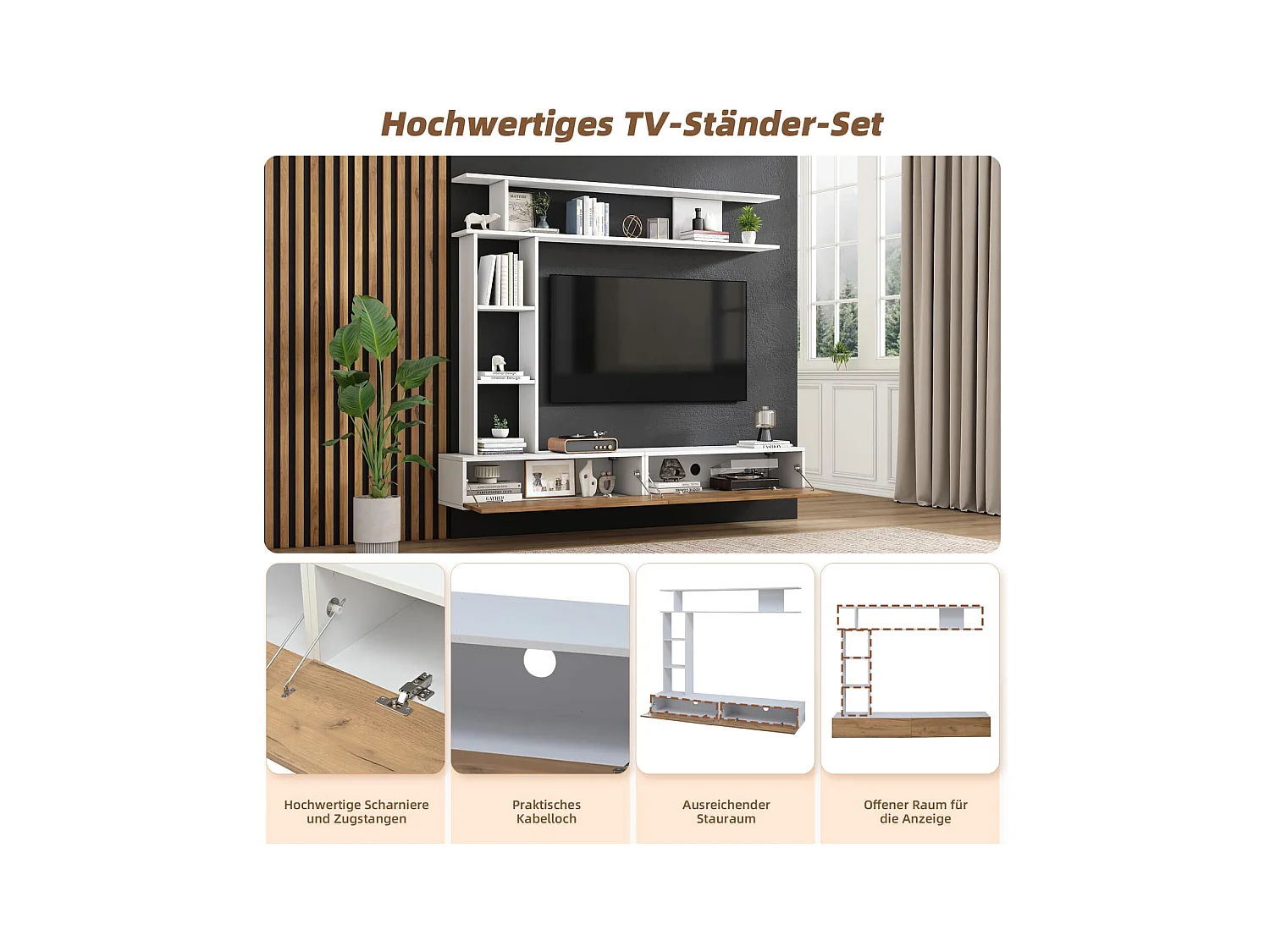180*35*22.5cm TV Wohnwand-set mit Vitrinen,Mediawand inkl.TV-Board, Standregal und Wandregal,TV Wohnzimmermöbel-Set,TV-Schrank, stehend&hängend