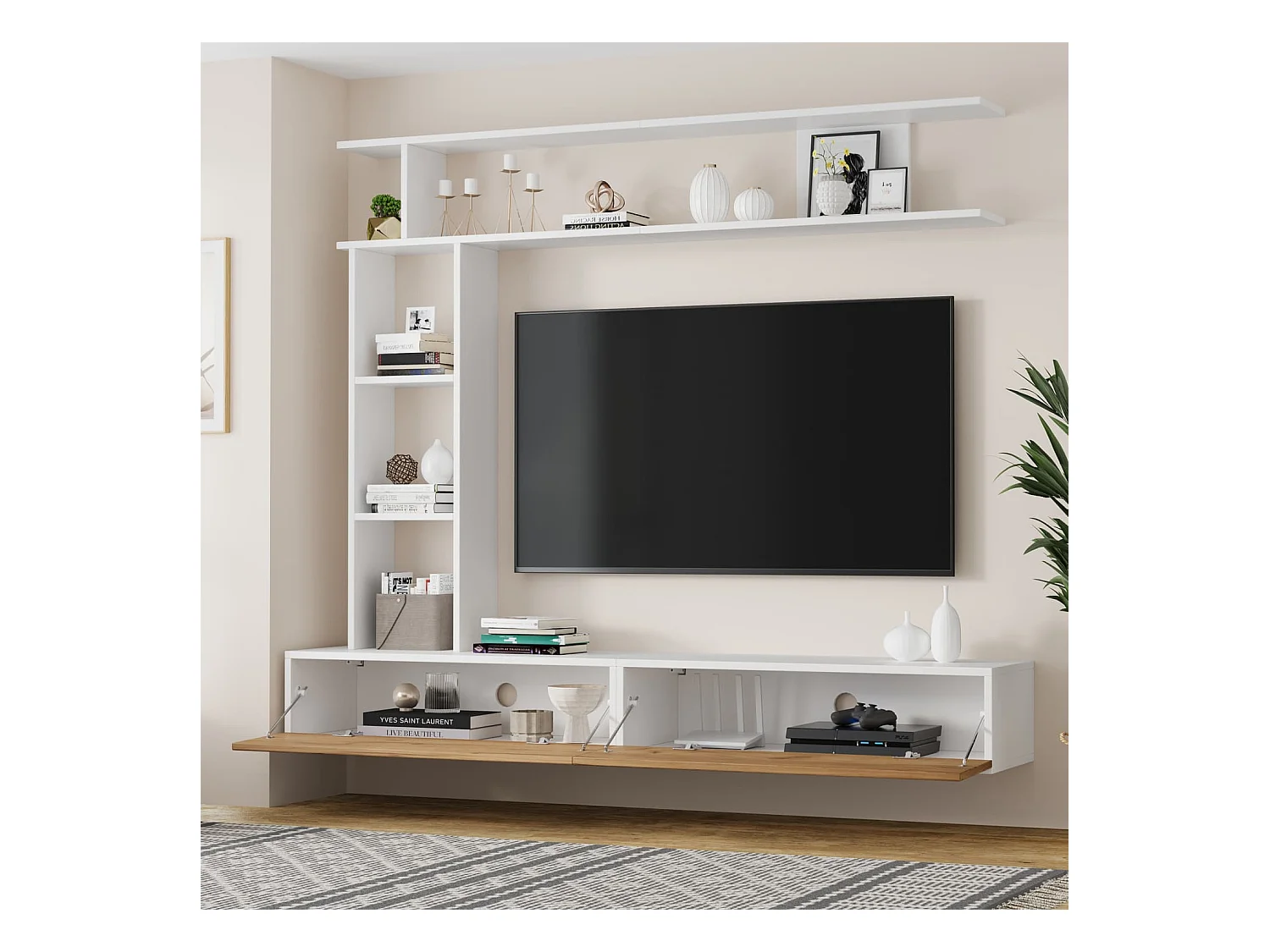 180*35*22.5cm TV Wohnwand-set mit Vitrinen,Mediawand inkl.TV-Board, Standregal und Wandregal,TV Wohnzimmermöbel-Set,TV-Schrank, stehend&hängend