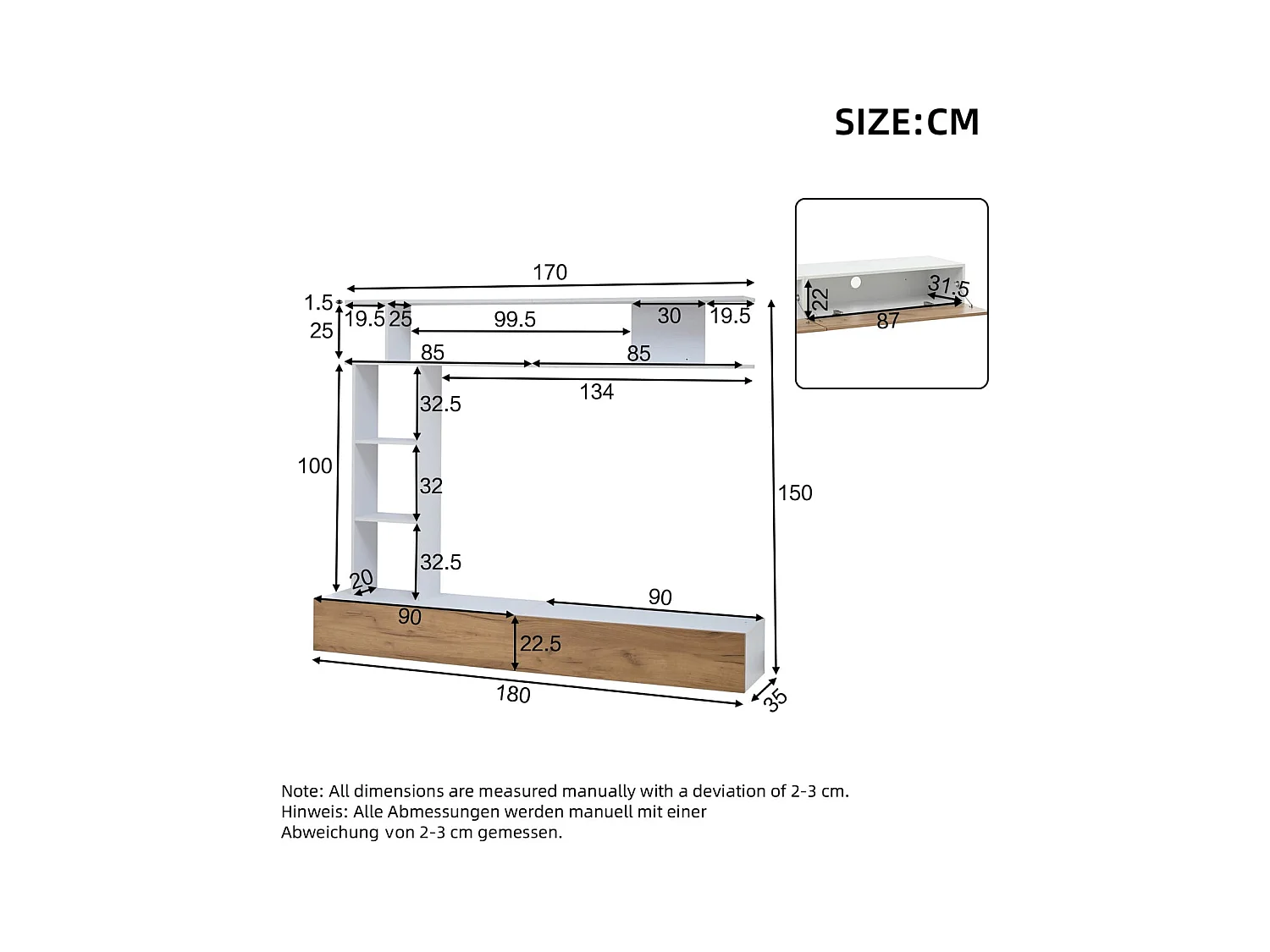 180*35*22.5cm TV Wohnwand-set mit Vitrinen,Mediawand inkl.TV-Board, Standregal und Wandregal,TV Wohnzimmermöbel-Set,TV-Schrank, stehend&hängend