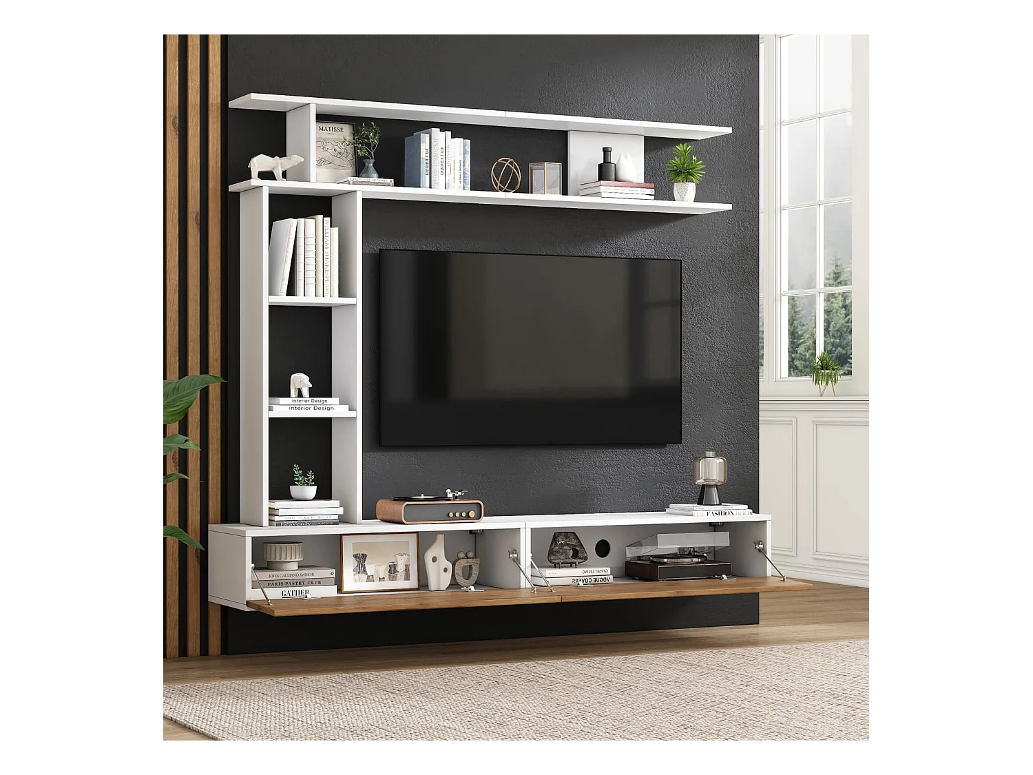 180*35*22.5cm TV Wohnwand-set mit Vitrinen,Mediawand inkl.TV-Board, Standregal und Wandregal,TV Wohnzimmermöbel-Set,TV-Schrank, stehend&hängend