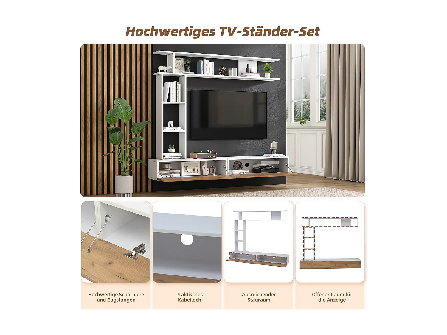 180*35*22.5cm TV Wohnwand-set mit Vitrinen,Mediawand inkl.TV-Board, Standregal und Wandregal,TV Wohnzimmermöbel-Set,TV-Schrank, stehend&hängend