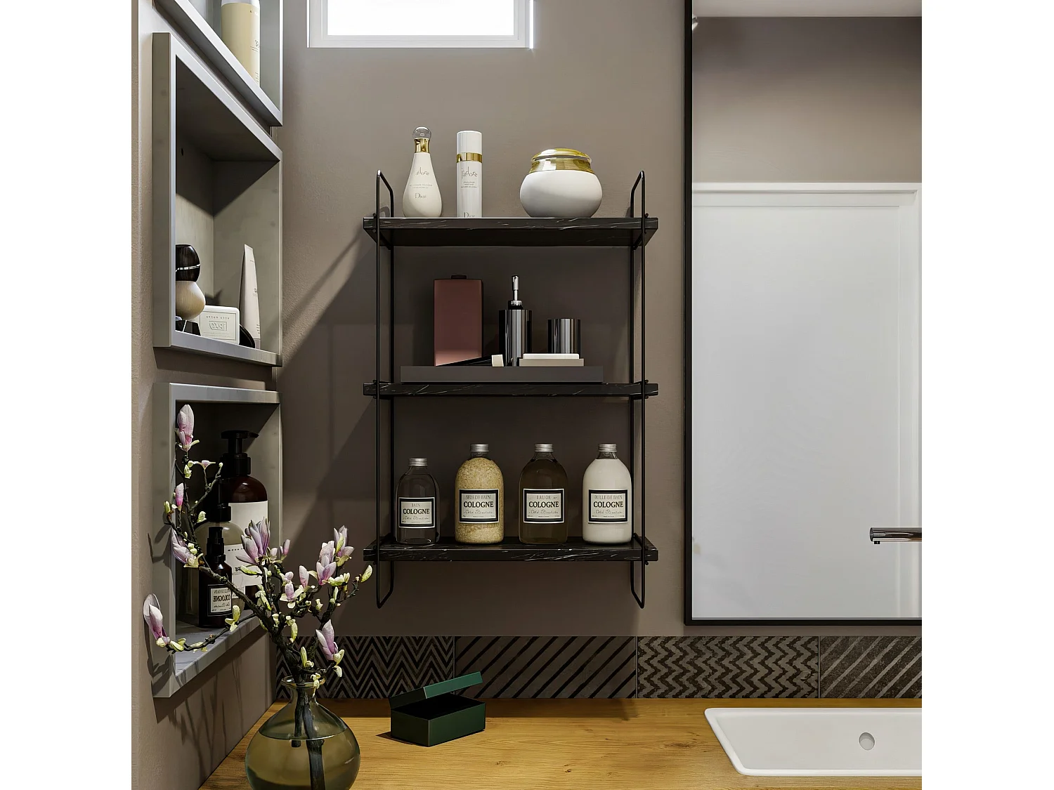 Estante de pared – 40 x 66 x 20 cm – Negro y mármol – Metal y tablero de partículas