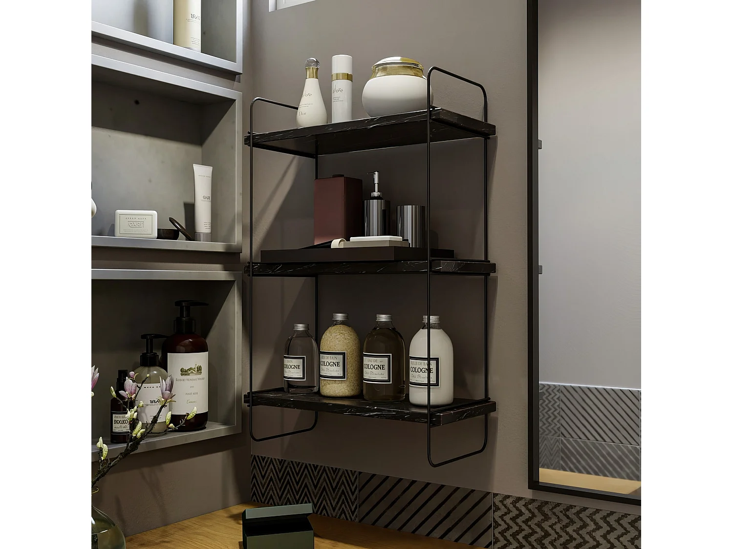 Estante de pared – 40 x 66 x 20 cm – Negro y mármol – Metal y tablero de partículas