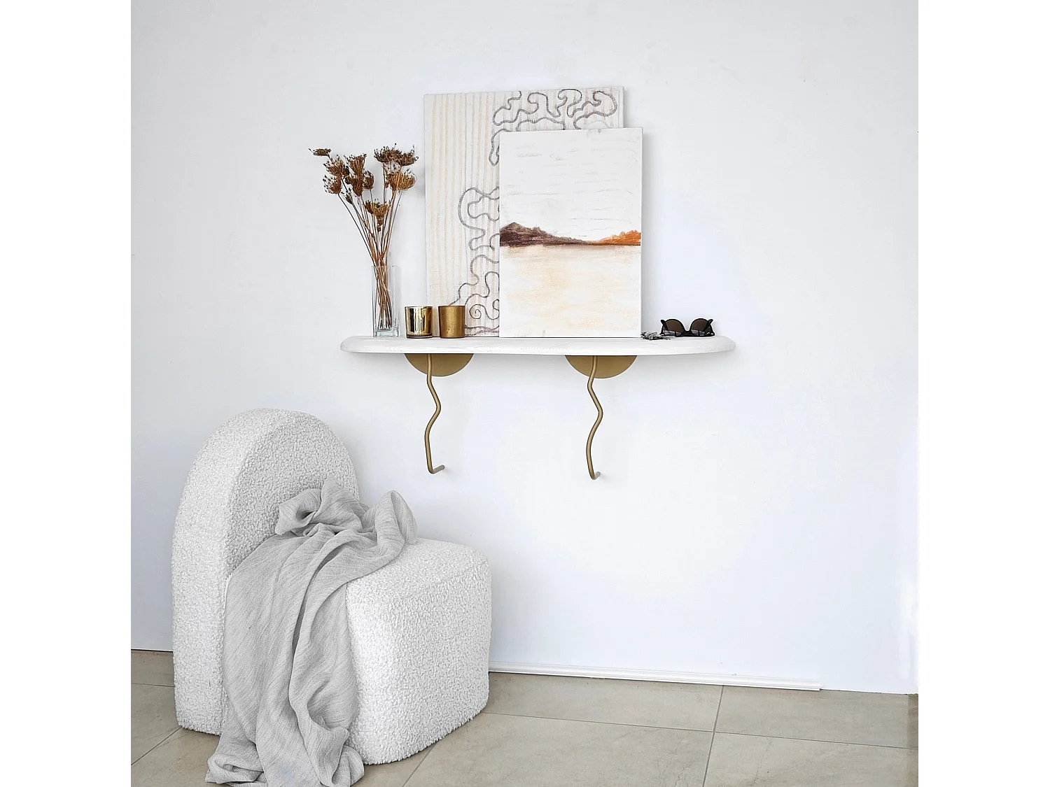 Étagère murale élégante, 99 cm x 22 cm, 100 % pin et structure en métal, finition or et blanc | Solution de rangement