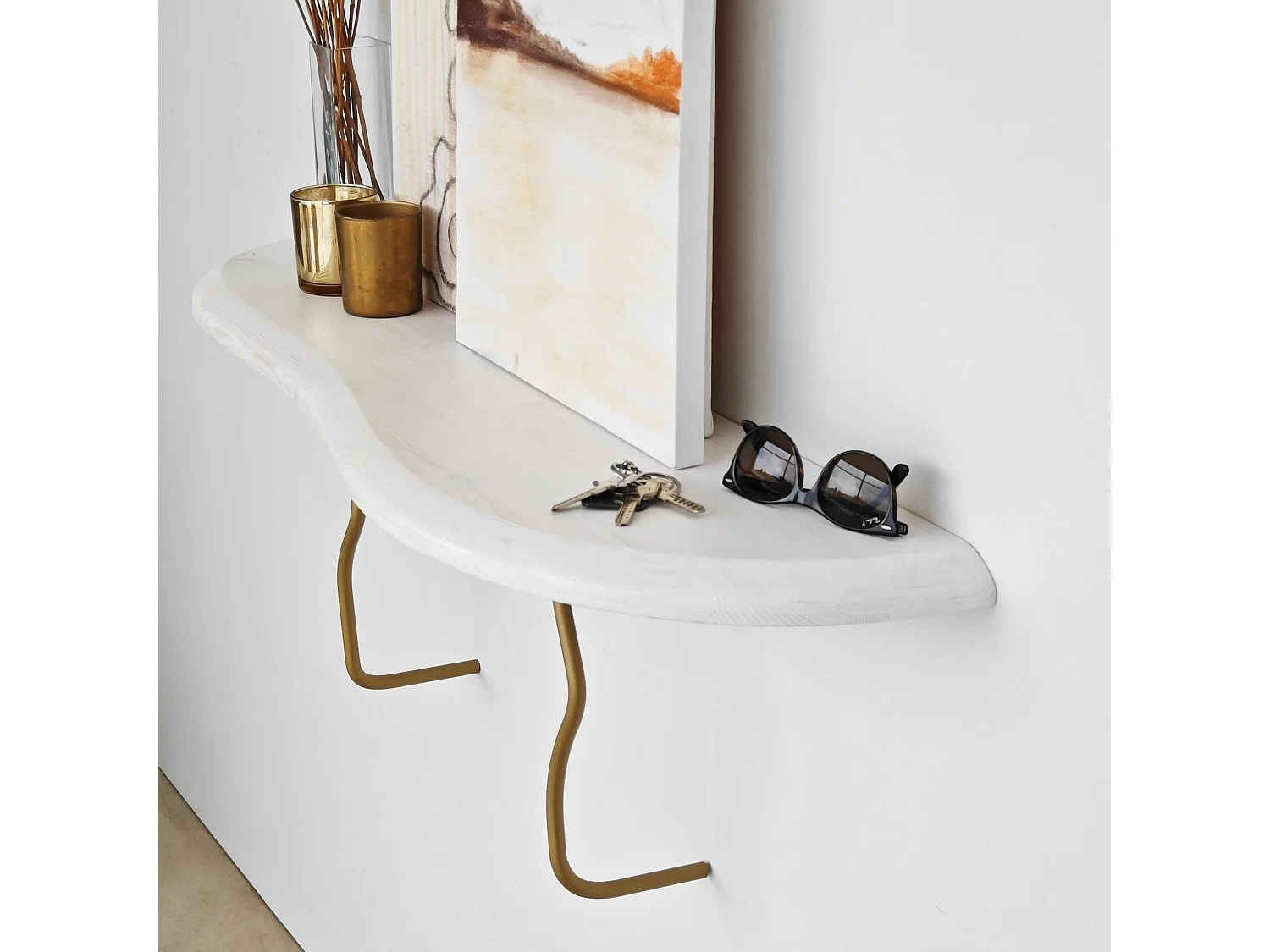 Étagère murale élégante, 99 cm x 22 cm, 100 % pin et structure en métal, finition or et blanc | Solution de rangement