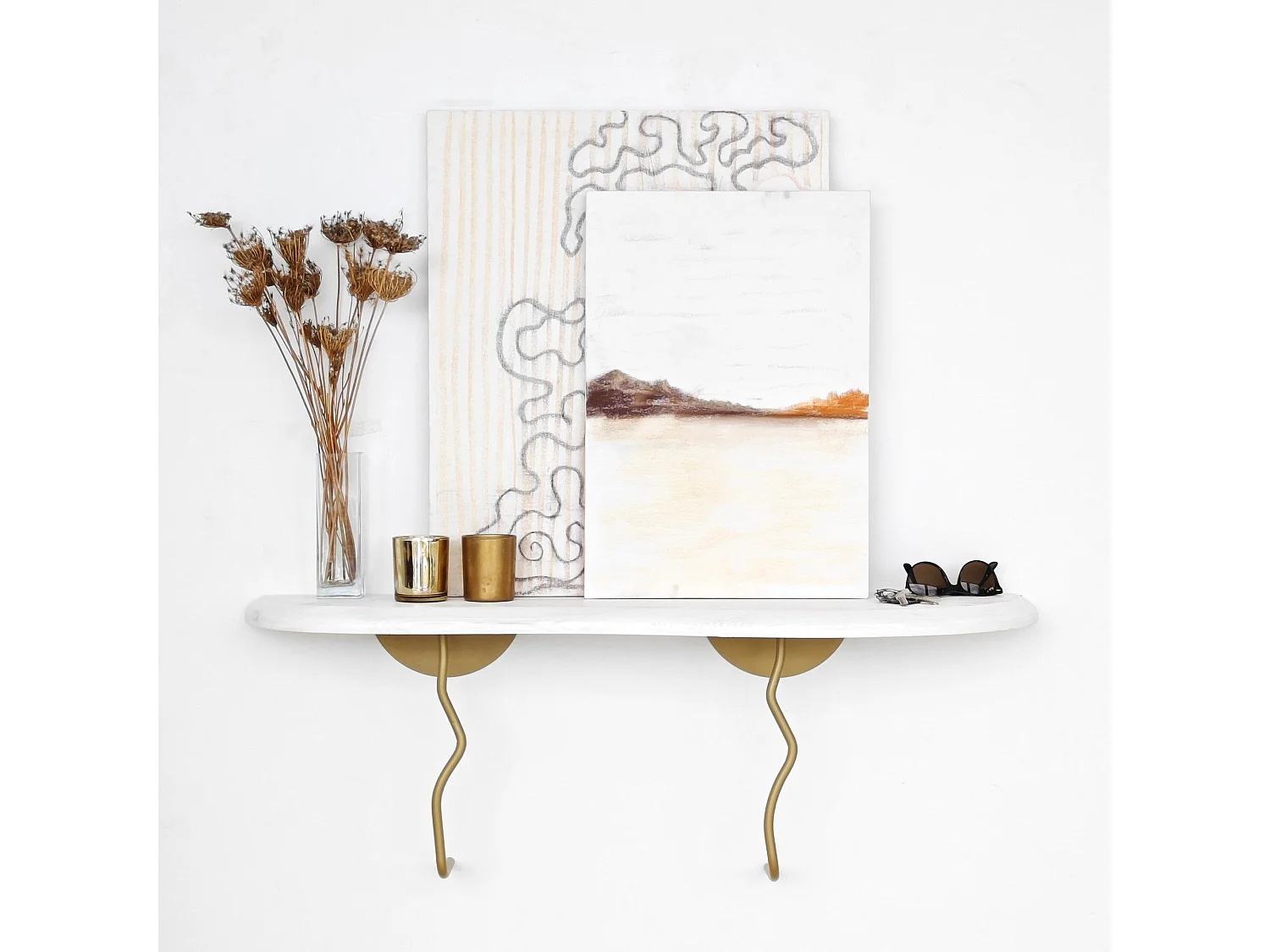 Étagère murale élégante, 99 cm x 22 cm, 100 % pin et structure en métal, finition or et blanc | Solution de rangement