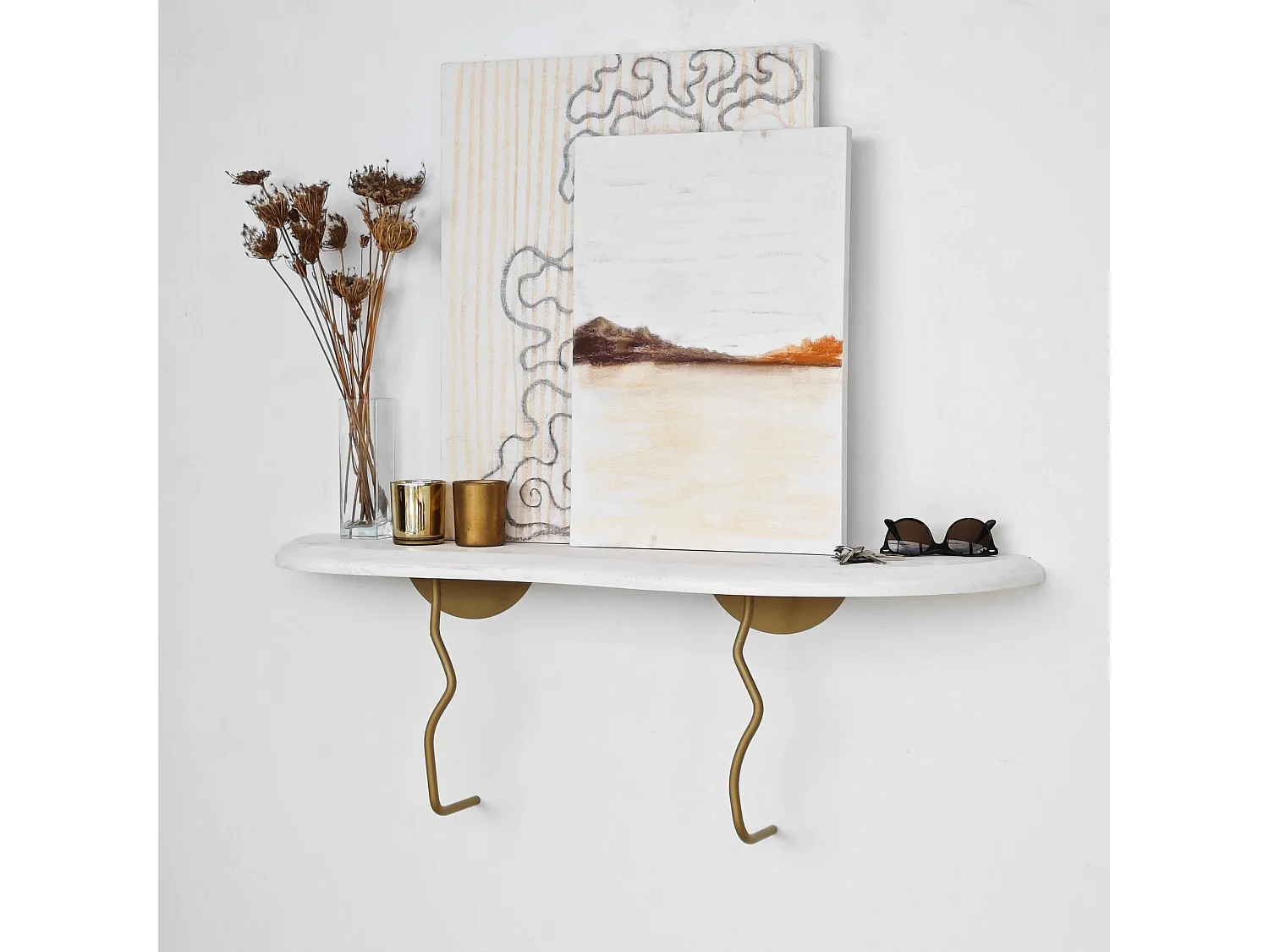 Étagère murale élégante, 99 cm x 22 cm, 100 % pin et structure en métal, finition or et blanc | Solution de rangement