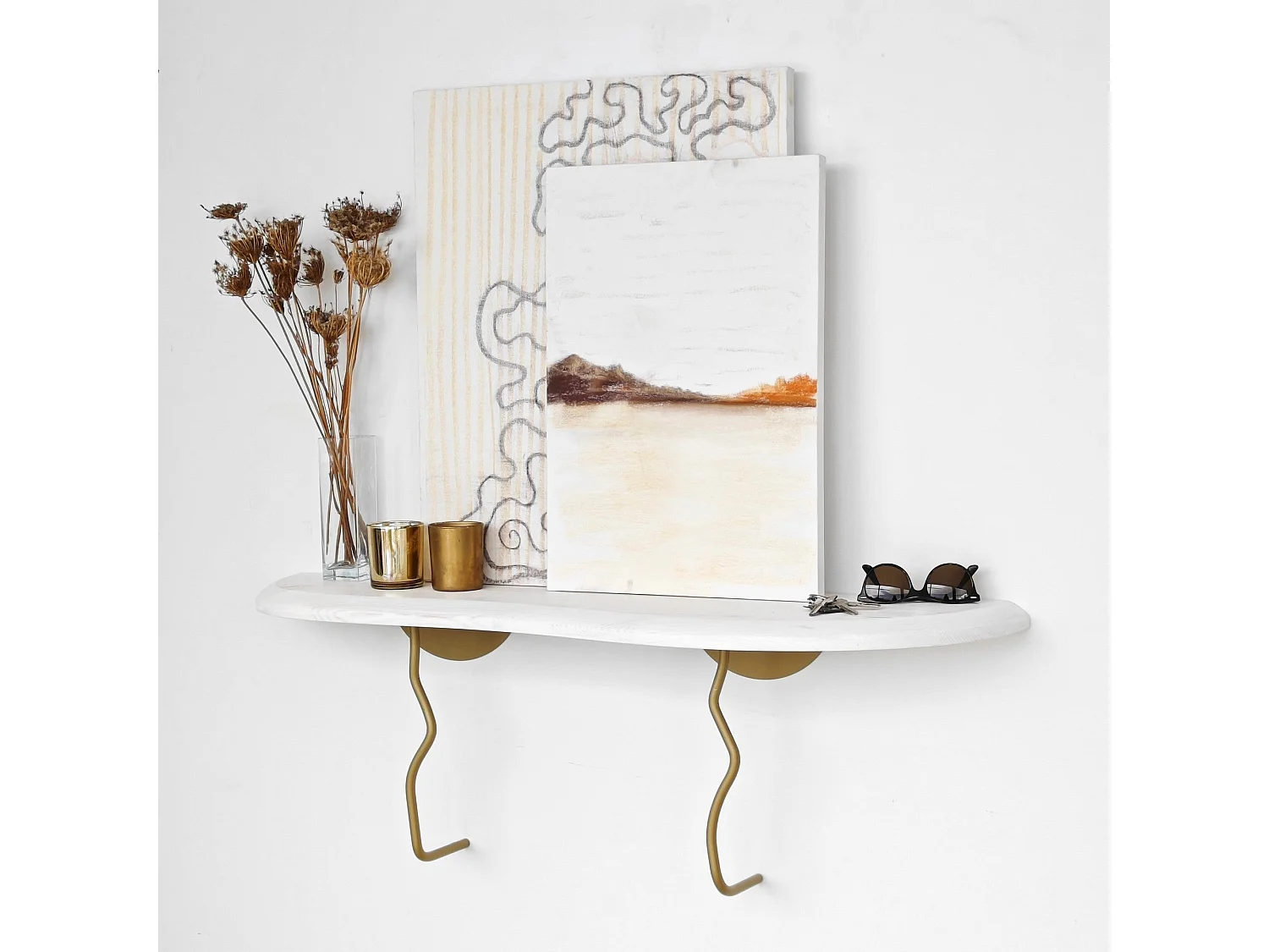 Étagère murale élégante, 99 cm x 22 cm, 100 % pin et structure en métal, finition or et blanc | Solution de rangement