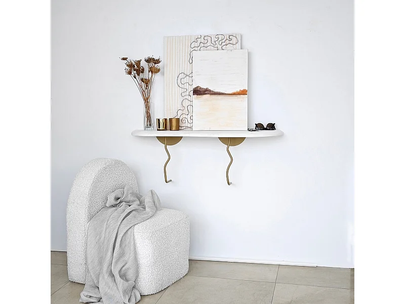 Étagère murale élégante, 99 cm x 22 cm, 100 % pin et structure en métal, finition or et blanc | Solution de rangement