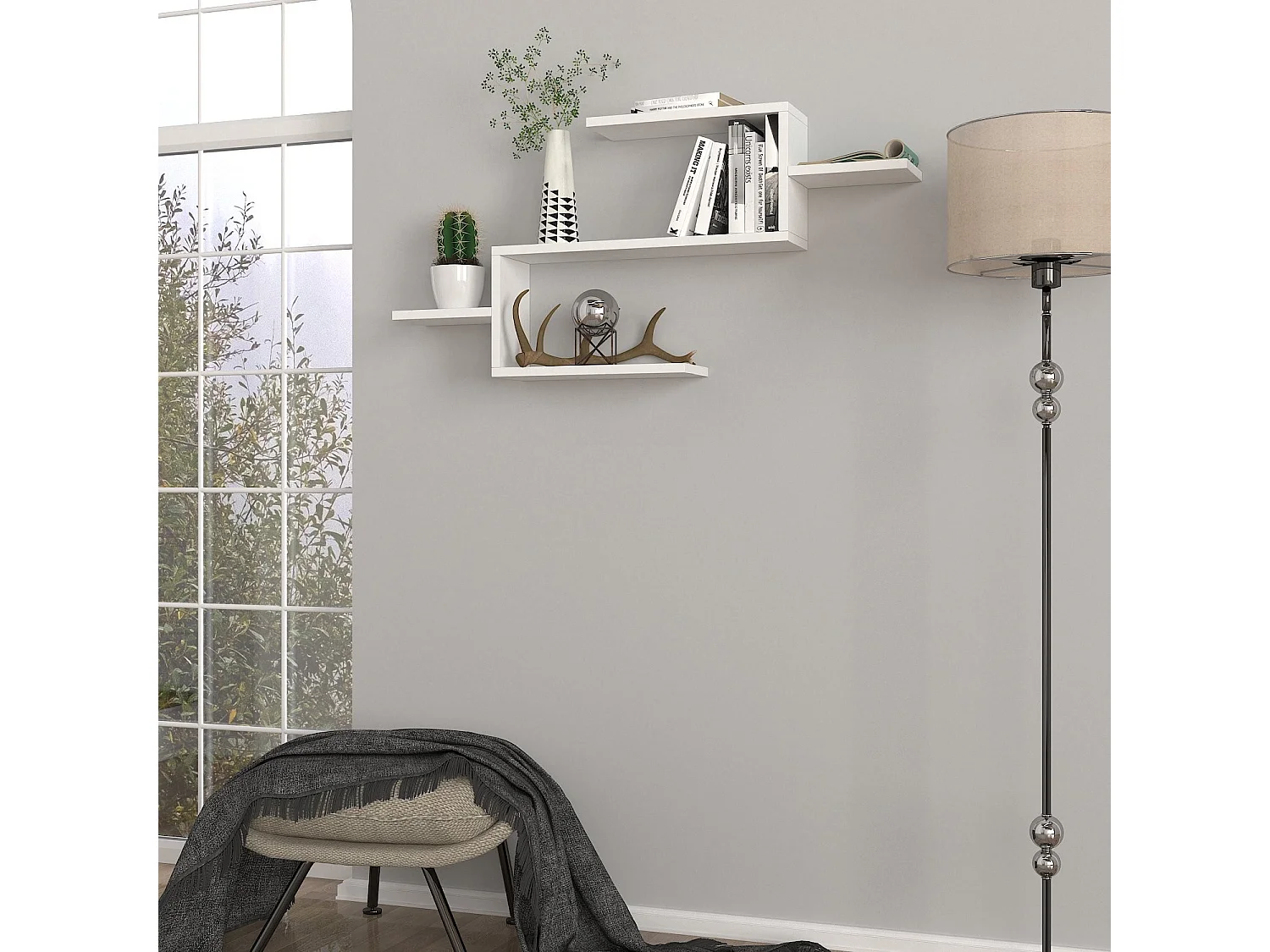 Étagère murale scandinave – 104 x 49,4 x 14,5 cm – Blanc – Panneau de particules
