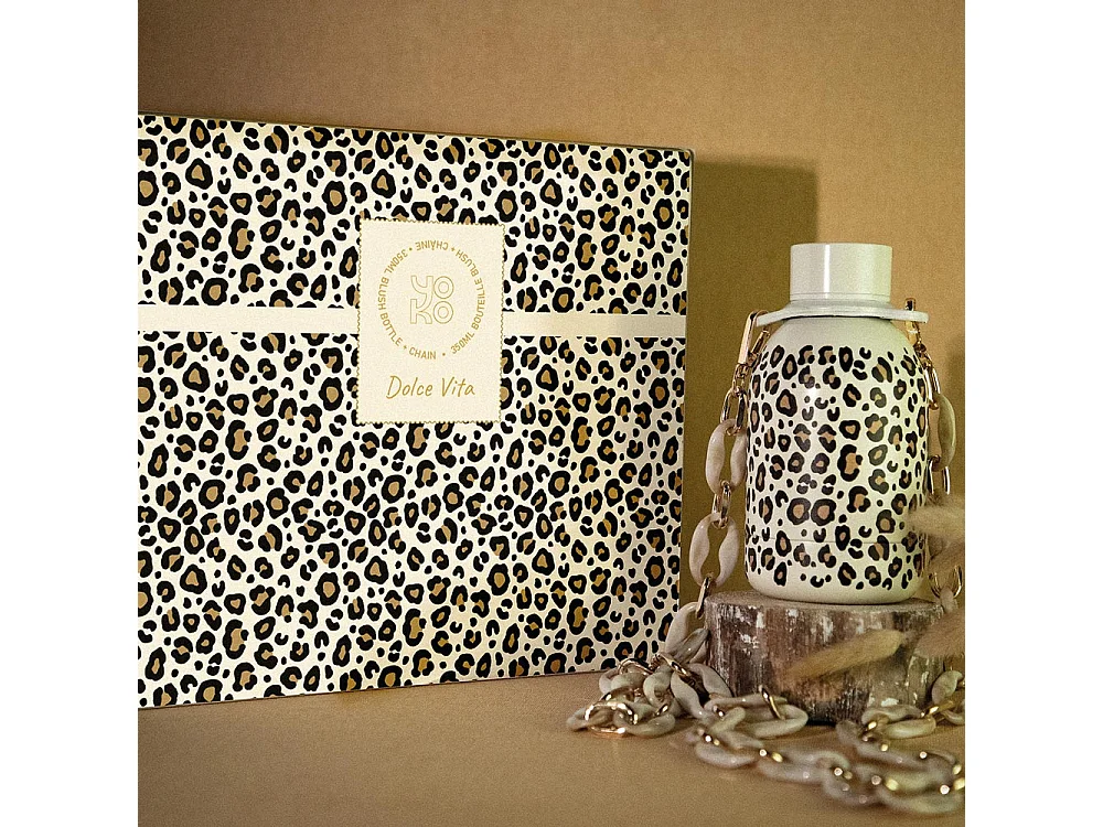 Coffret bouteille isotherme blush léopard 35 cl avec chaine