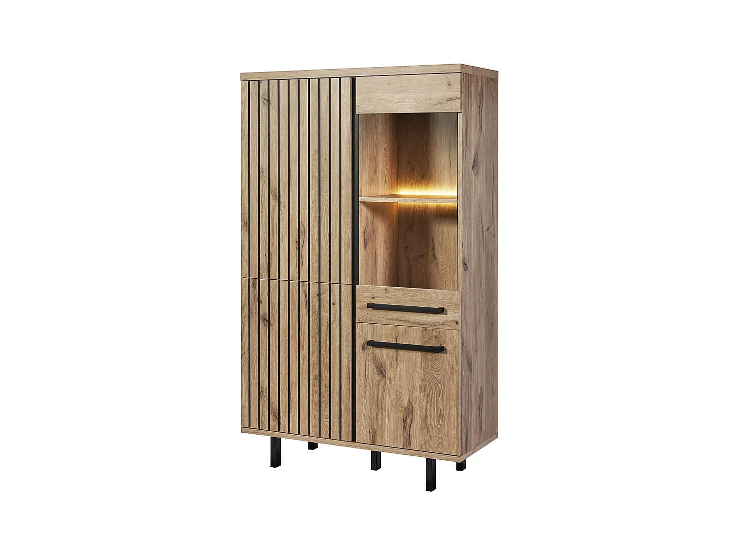 ROMY - Ensemble Séjour Table 200cm et Buffet 4 Portes Aspect Bois Effet Tasseaux