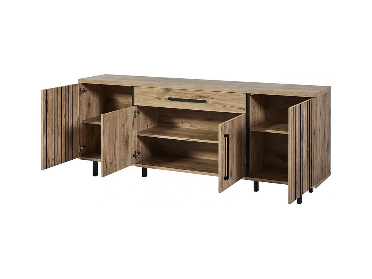 ROMY - Ensemble Séjour Table 200cm et Buffet 4 Portes Aspect Bois Effet Tasseaux