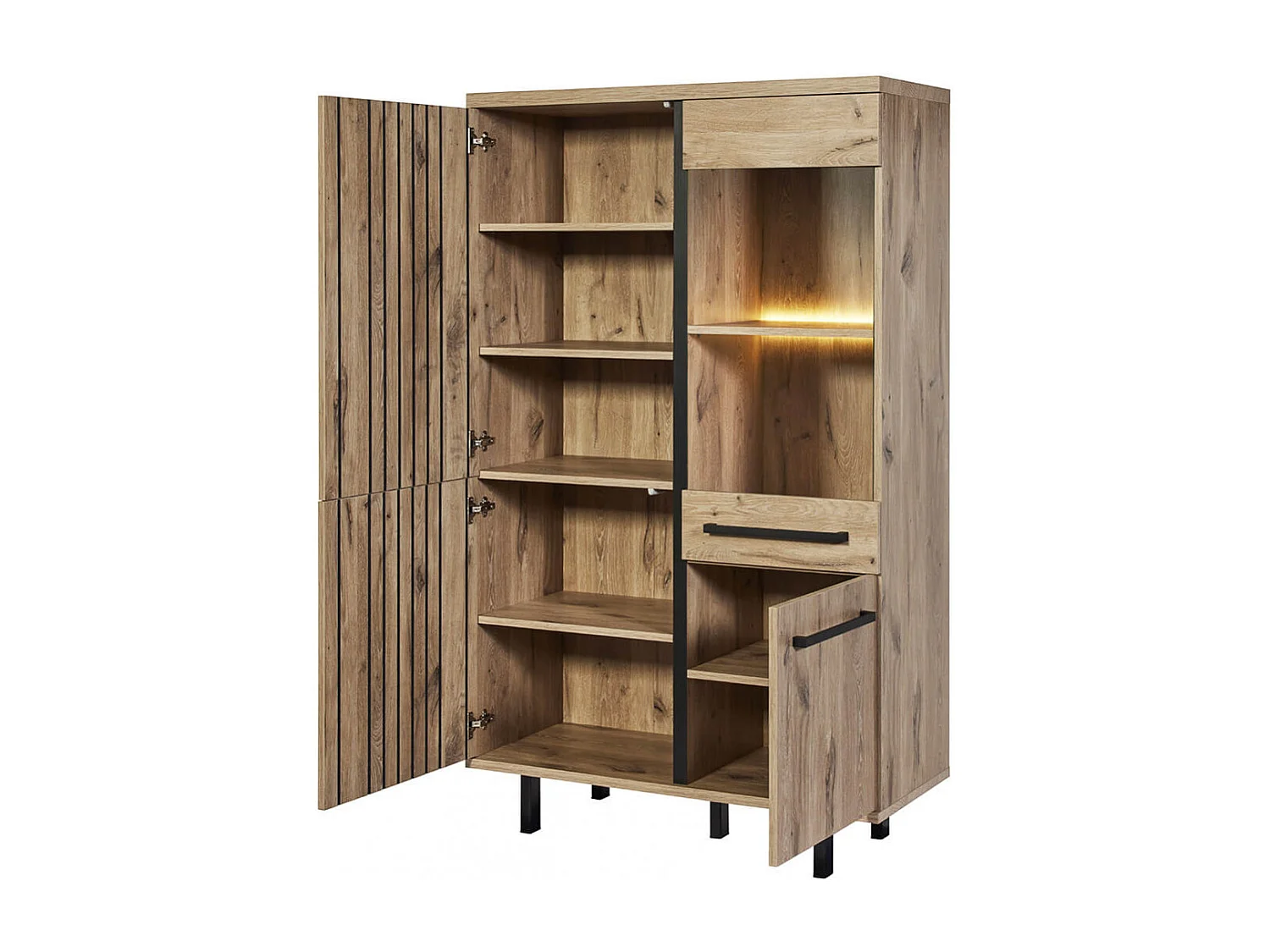 ROMY - Ensemble Séjour Table 200cm et Buffet 4 Portes Aspect Bois Effet Tasseaux