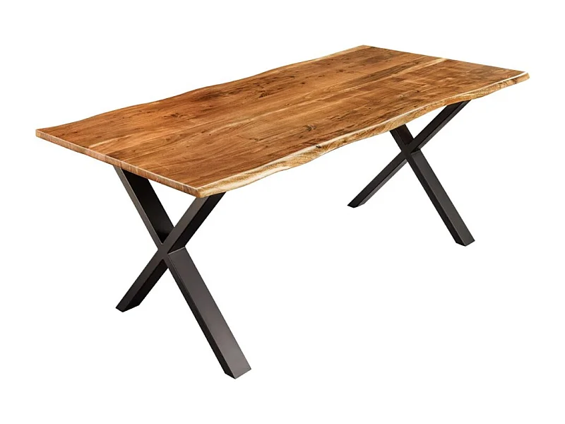 Table de salle à manger ARKAYA 180 cm – Plateau en acacia verni et pieds croisés métal noir – Design industriel naturel