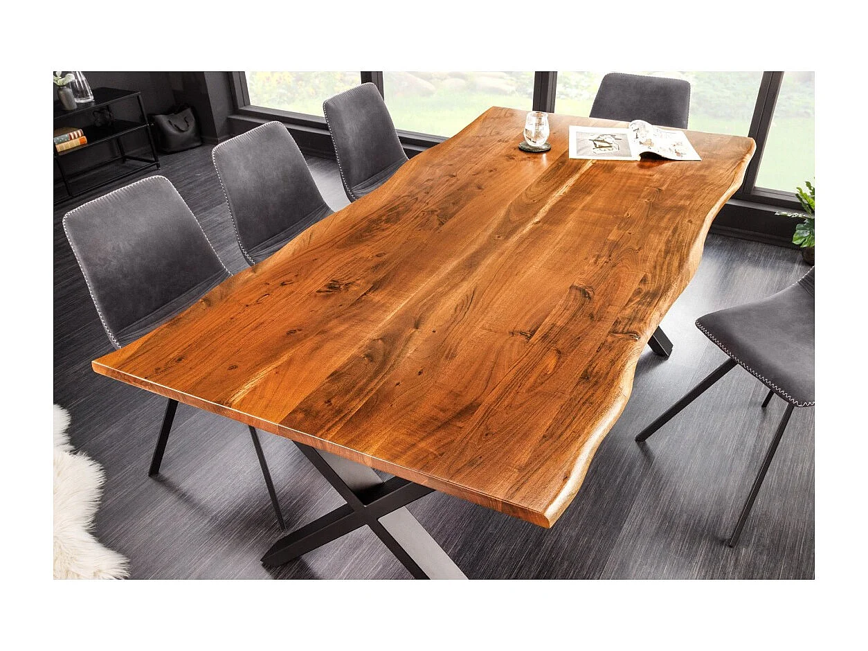 Eettafel ARKAYA 180 cm - Blad van gelakt acaciahout en kruispoten in zwart metaal - Natuurlijk industrieel ontwerp