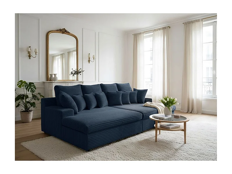 Canapé droit 4 places FLUFFY double méridienne et assise profonde en velours côtelé - bleu foncé