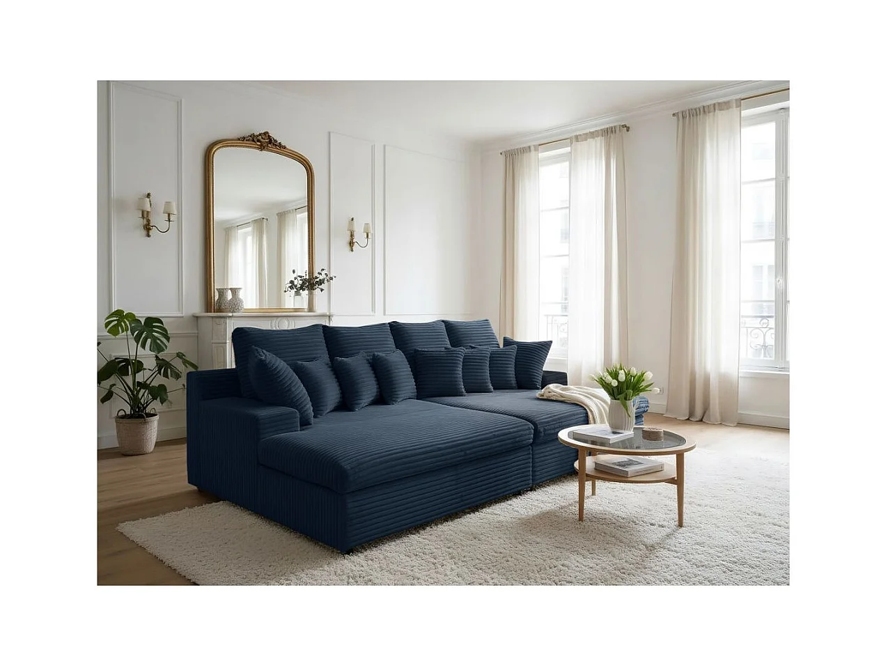 Canapé droit 4 places FLUFFY double méridienne et assise profonde en velours côtelé - bleu foncé